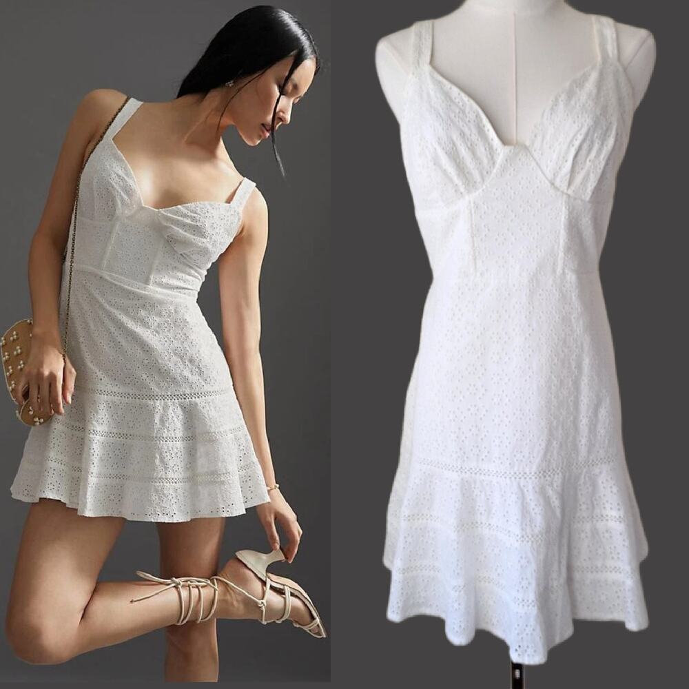 Anthropologie Mare Mare Tatum White Eyelet Mini Dress Large Flare Hem Coquette